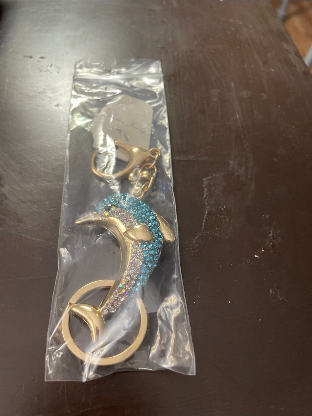 Boutique 9 Gold Dolphin Key & Card Holder with Blue Crystal Accents